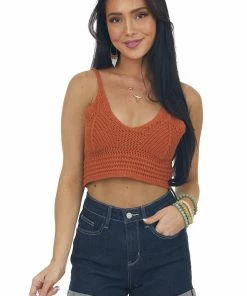 HYFVE Burnt Orange Crochet Knit V Neck Bralette Tops