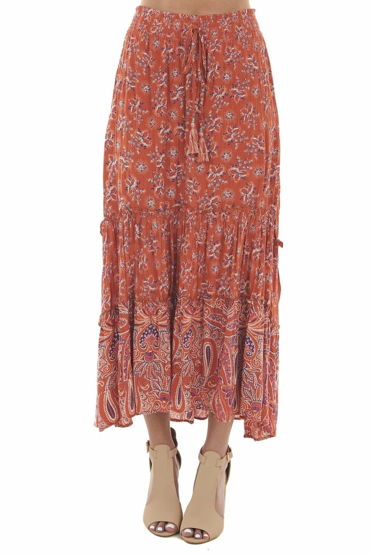 Nostalgia Burnt Orange Floral Smocked Waist Midi Skirt 4 Nostalgia Burnt Orange Floral Smocked Waist Midi Skirt