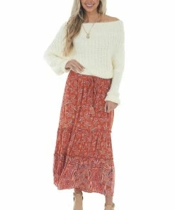 Nostalgia Burnt Orange Floral Smocked Waist Midi Skirt