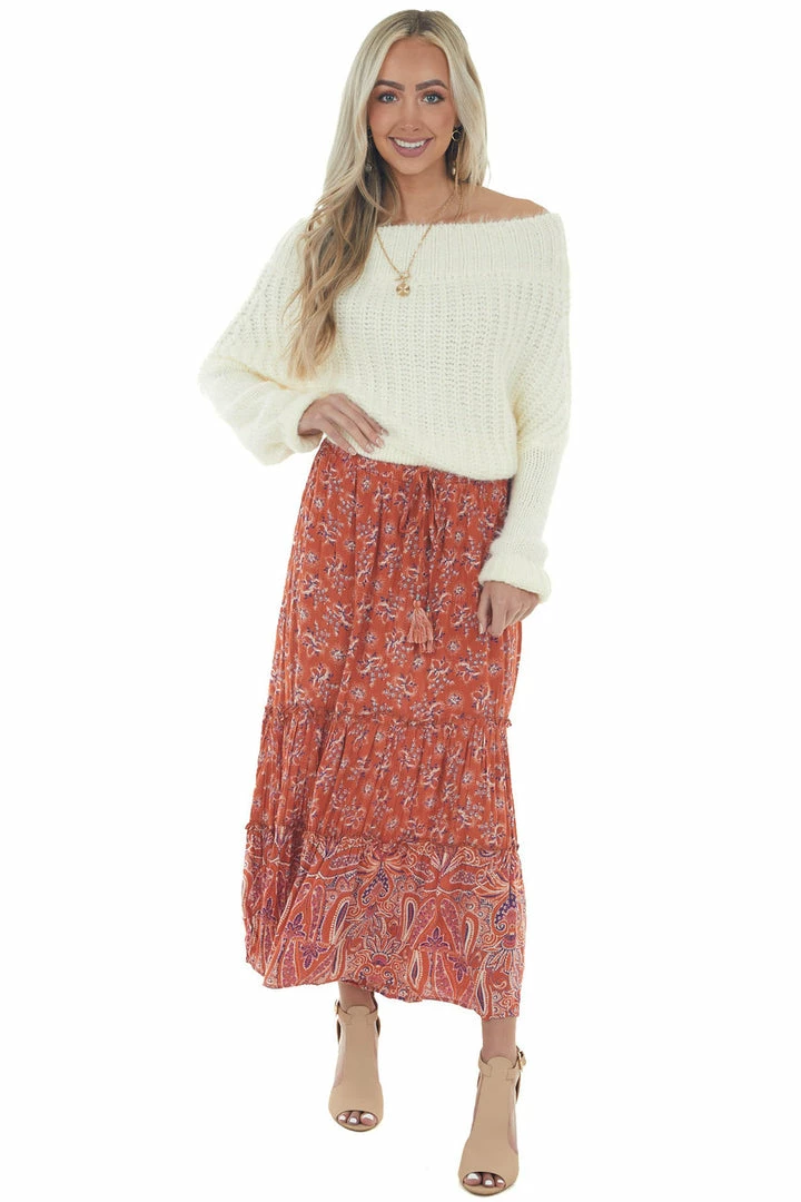 Nostalgia Burnt Orange Floral Smocked Waist Midi Skirt 3 Nostalgia Burnt Orange Floral Smocked Waist Midi Skirt