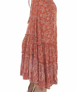 Nostalgia Burnt Orange Floral Smocked Waist Midi Skirt 12 Nostalgia Burnt Orange Floral Smocked Waist Midi Skirt