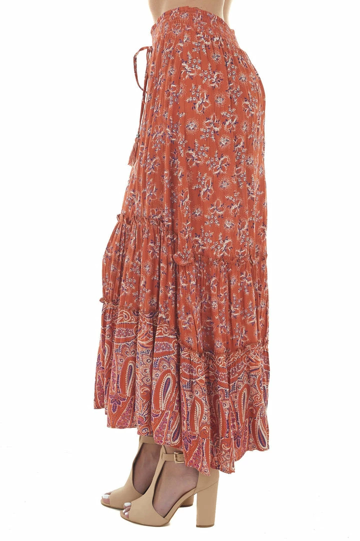 Nostalgia Burnt Orange Floral Smocked Waist Midi Skirt 5 Nostalgia Burnt Orange Floral Smocked Waist Midi Skirt