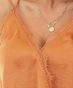 Wishlist Tops Burnt Orange Surplice Camisole Top With Lace Trim