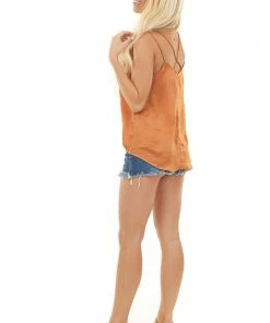 Wishlist Tops Burnt Orange Surplice Camisole Top With Lace Trim
