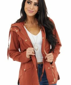 Trend Notes Rust Utility Jacket With Hood And Gold Button Detail