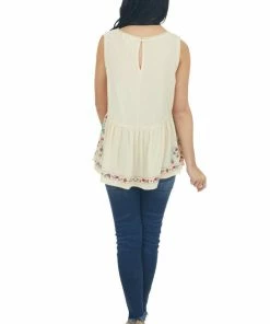 Umgee Tops Buttercream Floral Embroidered Drop Waist Top