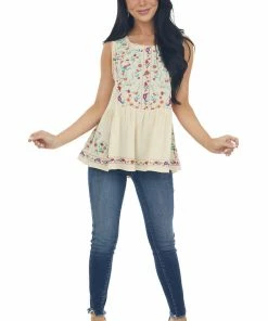 Umgee Tops Buttercream Floral Embroidered Drop Waist Top