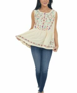 Umgee Tops Buttercream Floral Embroidered Drop Waist Top