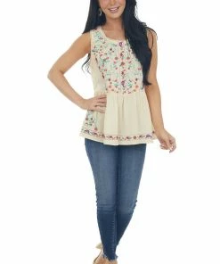 Umgee Tops Buttercream Floral Embroidered Drop Waist Top