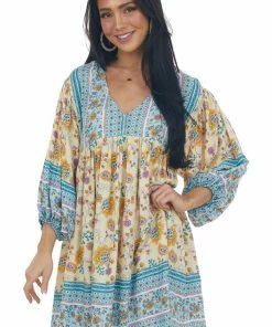 Ces Femme Buttercream Printed Puff Sleeve Babydoll Dress