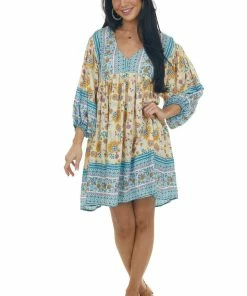 Ces Femme Buttercream Printed Puff Sleeve Babydoll Dress
