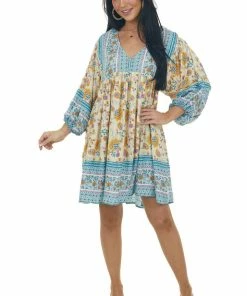 Ces Femme Buttercream Printed Puff Sleeve Babydoll Dress