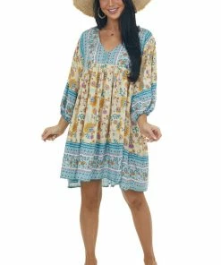 Ces Femme Buttercream Printed Puff Sleeve Babydoll Dress