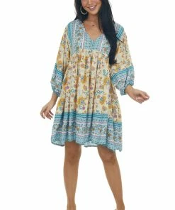 Ces Femme Buttercream Printed Puff Sleeve Babydoll Dress