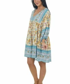 Ces Femme Buttercream Printed Puff Sleeve Babydoll Dress