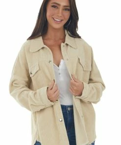 143 Story Buttercream Snap Button Down Corduroy Shacket Tops