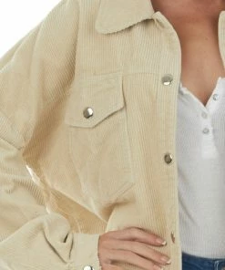 143 Story Buttercream Snap Button Down Corduroy Shacket Tops