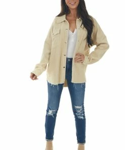 143 Story Buttercream Snap Button Down Corduroy Shacket Tops