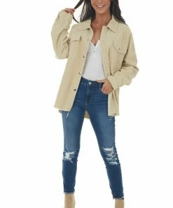 143 Story Buttercream Snap Button Down Corduroy Shacket Tops