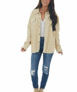 143 Story Buttercream Snap Button Down Corduroy Shacket Tops