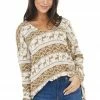 Lovely J Camel And Ivory Holiday Print Oversized Long Sleeve Top