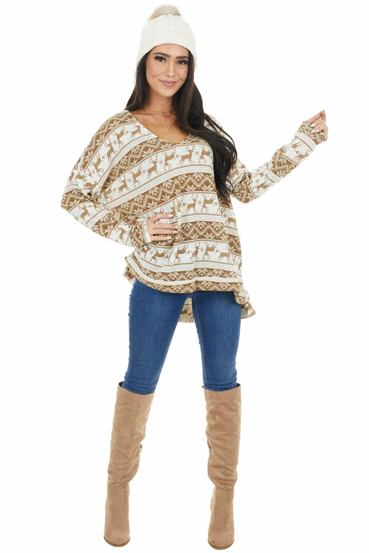 Lovely J Camel And Ivory Holiday Print Oversized Long Sleeve Top 7 Lovely J Camel And Ivory Holiday Print Oversized Long Sleeve Top