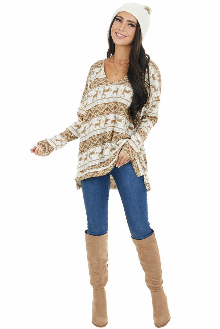 Lovely J Camel And Ivory Holiday Print Oversized Long Sleeve Top 6 Lovely J Camel And Ivory Holiday Print Oversized Long Sleeve Top