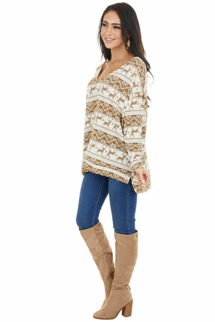 Lovely J Camel And Ivory Holiday Print Oversized Long Sleeve Top 8 Lovely J Camel And Ivory Holiday Print Oversized Long Sleeve Top