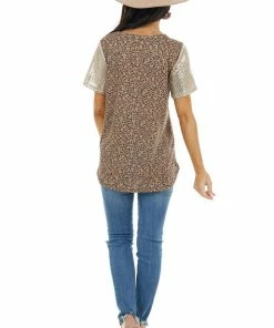 Hailey & Co Camel Leopard Print Top With Sequin Sleeves And Pocket Tops 24 Hailey & Co Camel Leopard Print Top With Sequin Sleeves And Pocket Tops