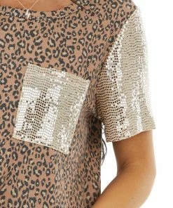 Hailey & Co Camel Leopard Print Top With Sequin Sleeves And Pocket Tops 25 Hailey & Co Camel Leopard Print Top With Sequin Sleeves And Pocket Tops