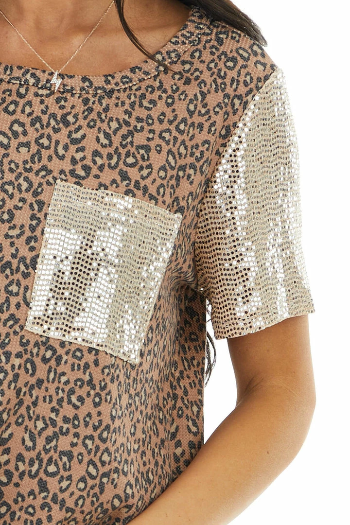 Hailey & Co Camel Leopard Print Top With Sequin Sleeves And Pocket Tops 10 Hailey & Co Camel Leopard Print Top With Sequin Sleeves And Pocket Tops