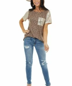 Hailey & Co Camel Leopard Print Top With Sequin Sleeves And Pocket Tops 19 Hailey & Co Camel Leopard Print Top With Sequin Sleeves And Pocket Tops