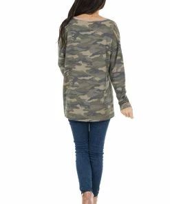 HOPELY Camo Colorblock Long Sleeve Knit Top With Raw Edge Detail Tops 21 HOPELY Camo Colorblock Long Sleeve Knit Top With Raw Edge Detail Tops