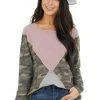 HOPELY Camo Colorblock Long Sleeve Knit Top With Raw Edge Detail Tops
