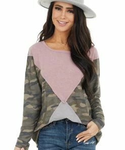 HOPELY Camo Colorblock Long Sleeve Knit Top With Raw Edge Detail Tops