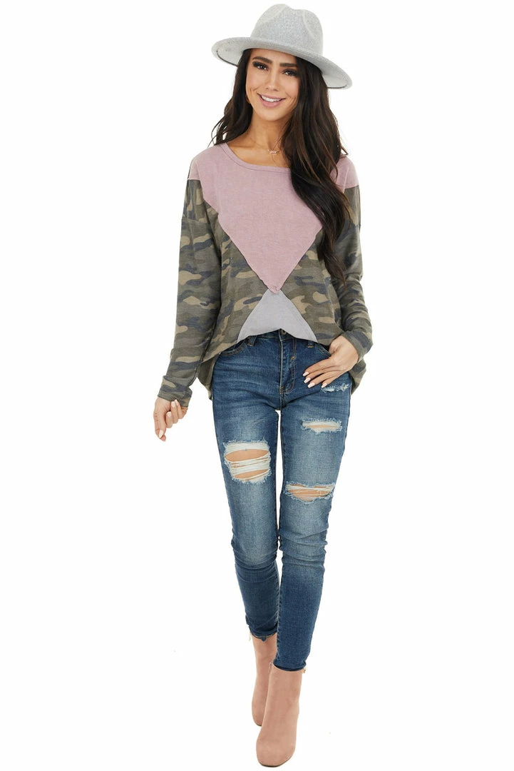 HOPELY Camo Colorblock Long Sleeve Knit Top With Raw Edge Detail Tops 4 HOPELY Camo Colorblock Long Sleeve Knit Top With Raw Edge Detail Tops