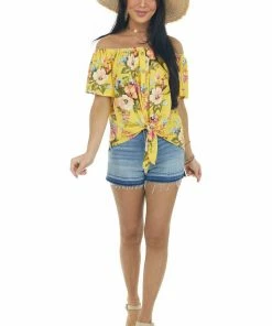 Haptics Canary Yellow Floral Print Off Shoulder Top