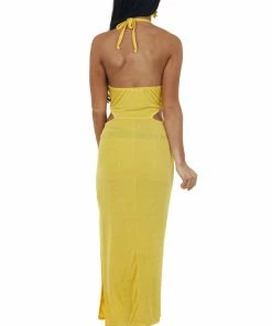 FSL APPAREL Dresses Canary Yellow Knot Twist Halter Neck Midi Dress