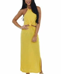 FSL APPAREL Dresses Canary Yellow Knot Twist Halter Neck Midi Dress