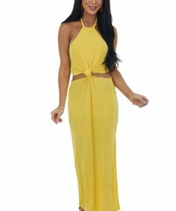 FSL APPAREL Dresses Canary Yellow Knot Twist Halter Neck Midi Dress
