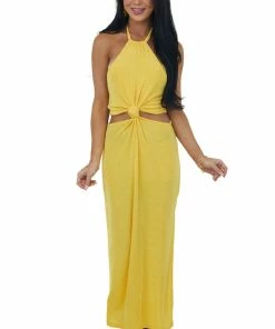 FSL APPAREL Dresses Canary Yellow Knot Twist Halter Neck Midi Dress
