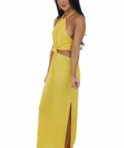 FSL APPAREL Dresses Canary Yellow Knot Twist Halter Neck Midi Dress