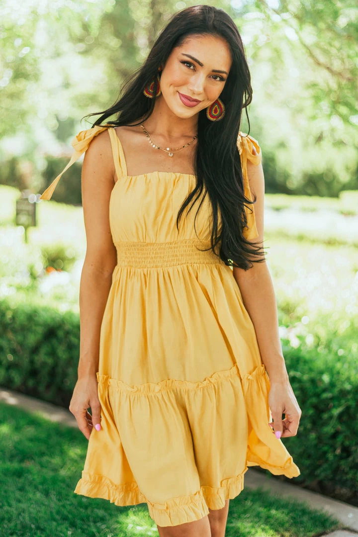 Umgee Dresses Canary Yellow Shoulder Tie Strap Ruffle Tiered Dress 3 Umgee Dresses Canary Yellow Shoulder Tie Strap Ruffle Tiered Dress