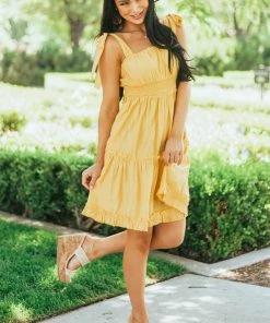 Umgee Dresses Canary Yellow Shoulder Tie Strap Ruffle Tiered Dress 9 Umgee Dresses Canary Yellow Shoulder Tie Strap Ruffle Tiered Dress