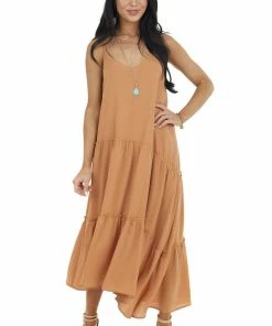 Wishlist Caramel Asymmetrical Spaghetti Strap Tiered Midi Dress Dresses