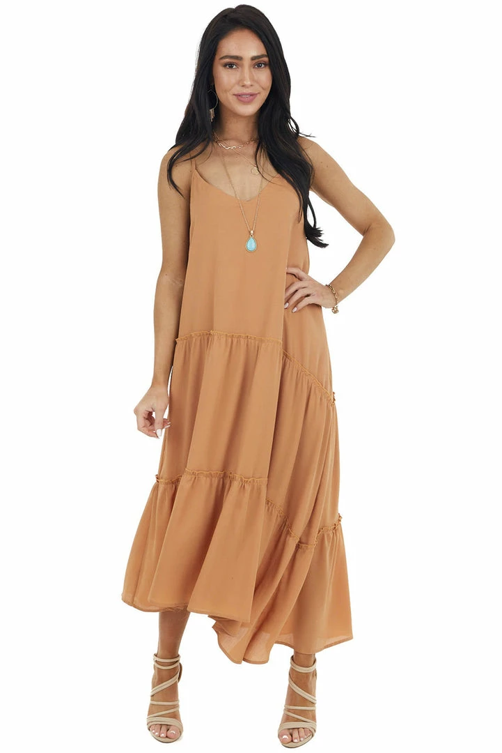 Wishlist Caramel Asymmetrical Spaghetti Strap Tiered Midi Dress Dresses 3 Wishlist Caramel Asymmetrical Spaghetti Strap Tiered Midi Dress Dresses