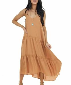 Wishlist Caramel Asymmetrical Spaghetti Strap Tiered Midi Dress Dresses