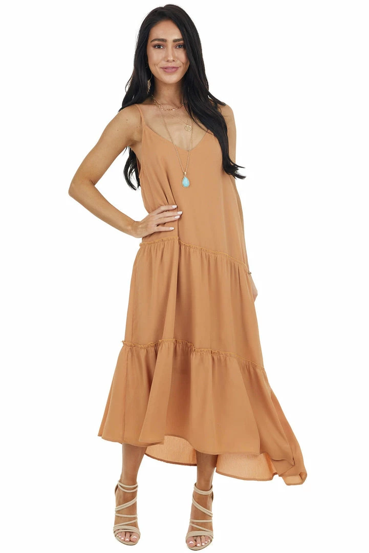 Wishlist Caramel Asymmetrical Spaghetti Strap Tiered Midi Dress Dresses 5 Wishlist Caramel Asymmetrical Spaghetti Strap Tiered Midi Dress Dresses