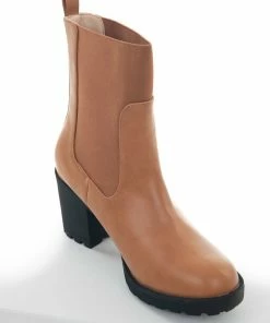 Intouch Footwear Shoes Caramel Faux Leather Elastic Panel Lug Booties