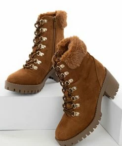 Let's See Style Caramel Faux Suede Lace Up Heeled Lug Booties
